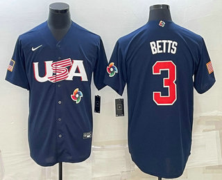 Men%27s USA Baseball #3 Mookie Betts 2023 Navy World Baseball Classic Stitched Jersey
